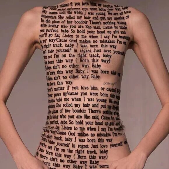 Nude/Light Beige Lady Gaga Born This Way Lyrics Letter Print Sleeveless Mesh Top - Picture 1 of 4